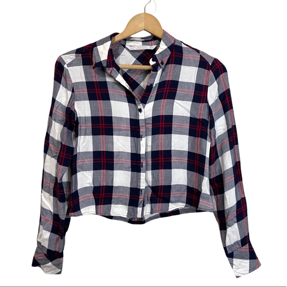 ZARA Women’s Size XS Plaid Crop Top Buttoned Front Collared Long Sleeve